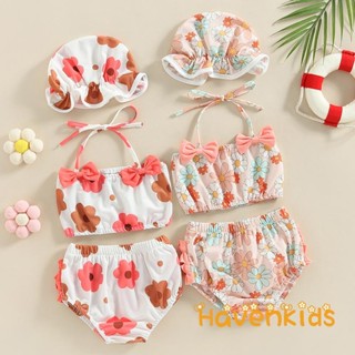 ชุดว่ายน้ำสำหรับทารก 3 ชิ้น พิมพ์ลายดอกไม้ สไตล์ halter พร้อ…