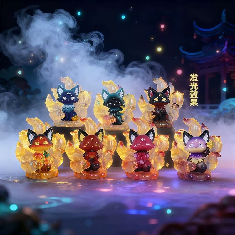 กล่องตาบอดสุนัขจิ้งจอกสไตล์หมึกจีน ตุ๊กตาจิ้งจอกเก้าหาง จิ้งจอกเรซินเรืองแสง ของขวัญเด็กผู้ชาย - รูปที่ 3