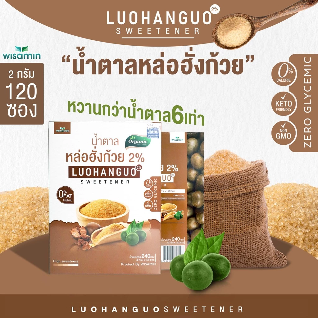 Luohanguo 2% น้ำตาลหล่อฮั่งก้วย ออร์แกนิค (ตราวิษามิน) น้ำตาลคีโต 0 แคลอรี่ สารให้ความหวาน จำนวน 1 กล่อง บรรจุ 120 ซอง