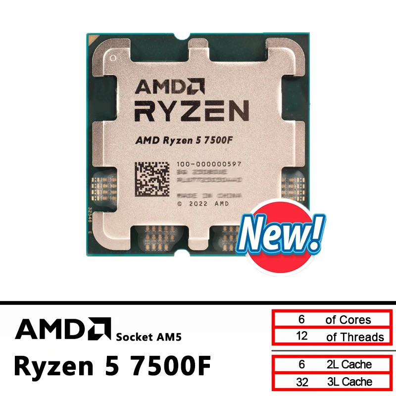 AMD Ryzen 5 7500F R5 7500F 3.7GHz 6-Core 12 ด้าย CPU 5NM L3=32M 100-000001015 Socket AM5 Tray ใหม่แต