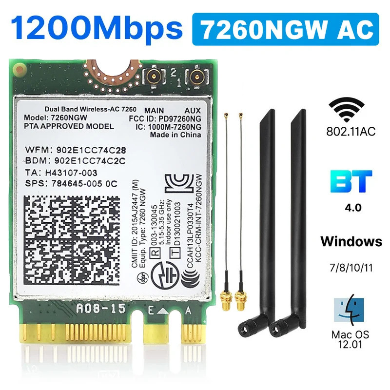 7260AC Bluetooth4.0 WiFi 1200Mbps การ์ดเครือข่ายไร้สาย NGFF M.2 Wifi Dongle 802.11AC Dual Band 2.4G 
