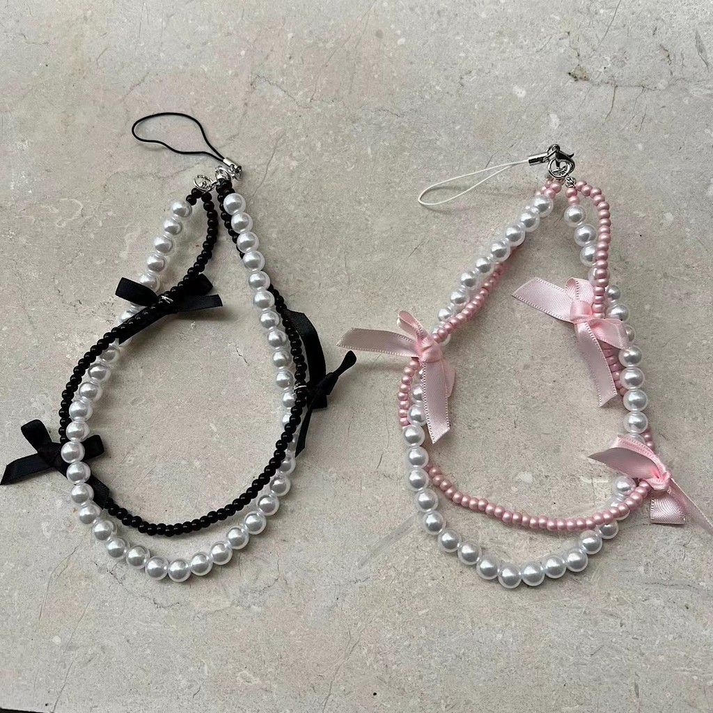 Ins Pearl Bow Charm โทรศัพท์มือถือ CCD กล้องแขวนโซ่สั้นเชือกเส้นเล็กข้อมือ Anti-Lost สายคล้องโทรศัพท์จี้อุปกรณ์เสริม AM