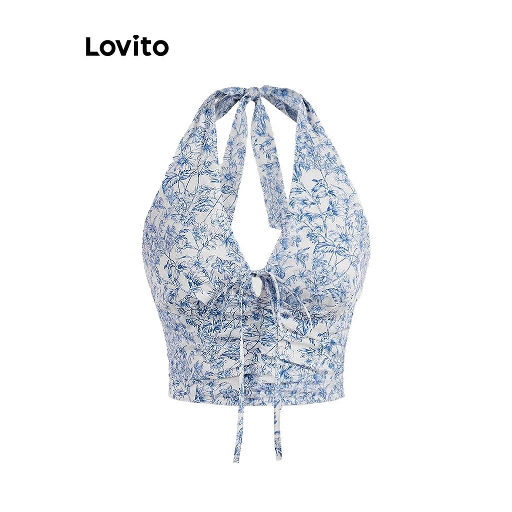 Lovito เสื้อกล้ามลําลองเสื้อกล้ามผูกเชือกลายดอกไม้สําหรับผู้หญิง L101AD215