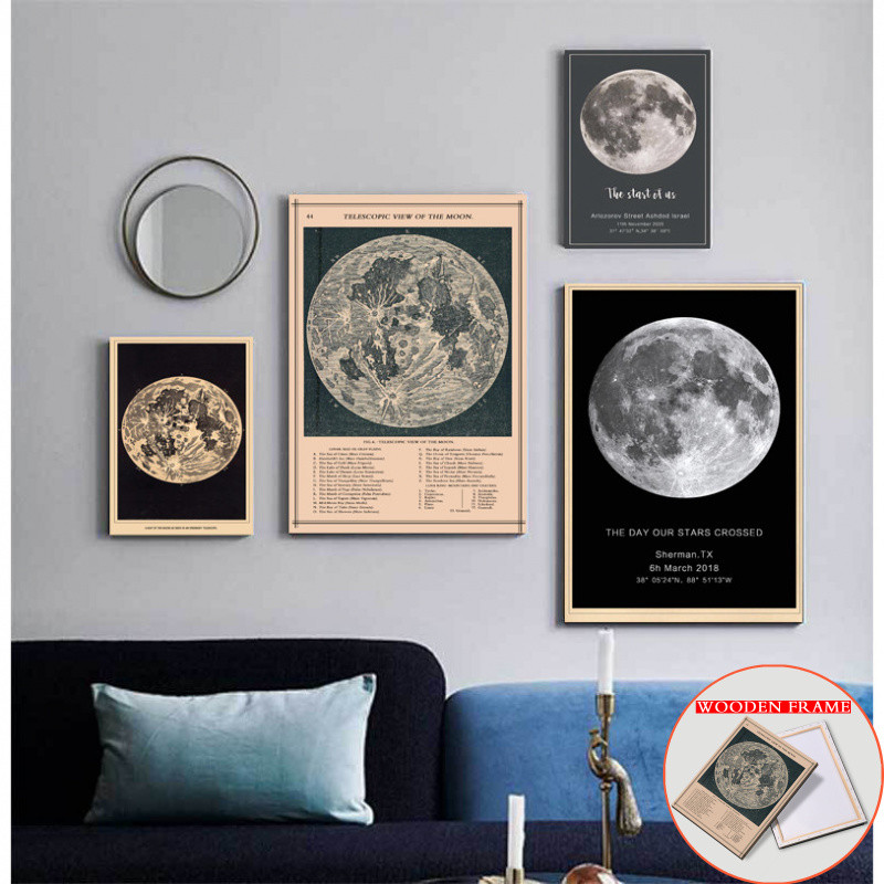 (พร้อมกรอบ) Nordic Moon Phase โปสเตอร์ Minimalist สีดําสีขาว Wall Art สําหรับห้องนั่งเล่นห้องรับประทานอาหารห้องนอน