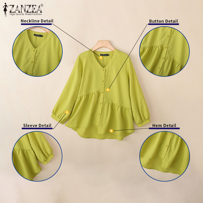 ZANZEA เสื้อแขนยาวสไตล์เกาหลีสำหรับผู้หญิง ดีไซน์คอวีและขอบจีบที่สวยงาม - รูปที่ 5