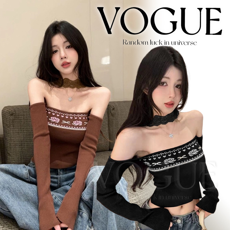 Vogue🌟พร้อมส่ง🌟 เสื้อไหมพรมเปิดไหล่ แขนยาว สไตล์โบฮีเมี่ยน สีพื้นยืดพอดีตัว (31122)