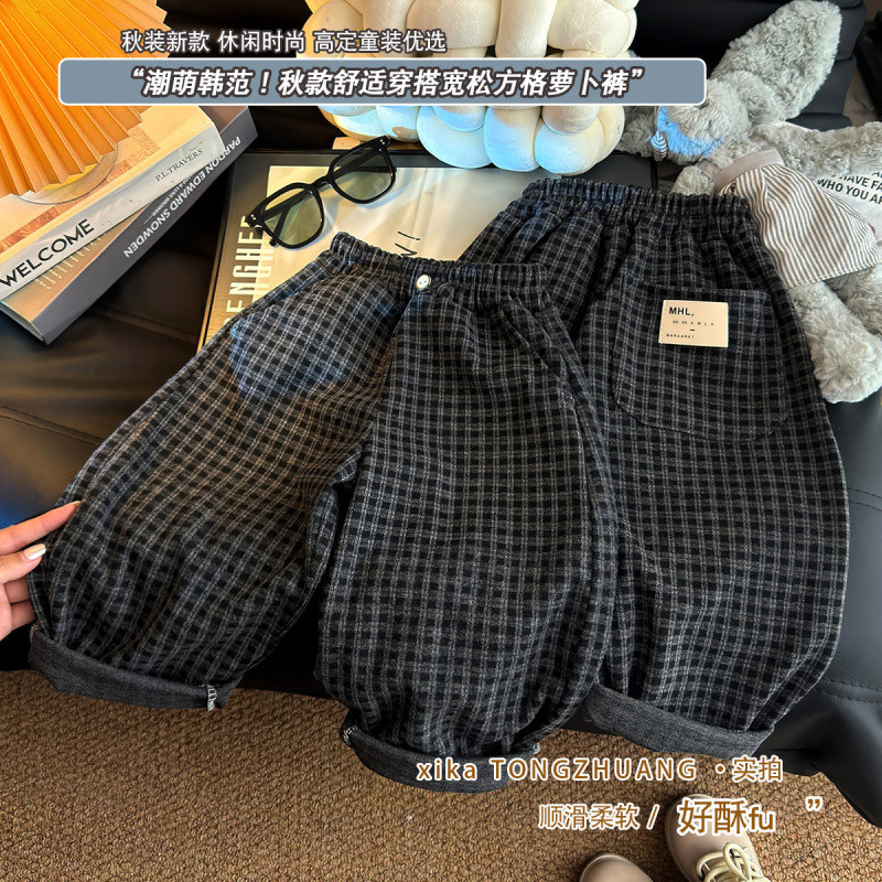 80-160กางเกงลายสก็อตขายาวสำหรับเด็กชายและเด็กหญิงฤดูใบไม้ผลิและฤดูใบไม้ร่วง กางเกงสไตล์โคมไฟสำหรับใส่เที่ยว