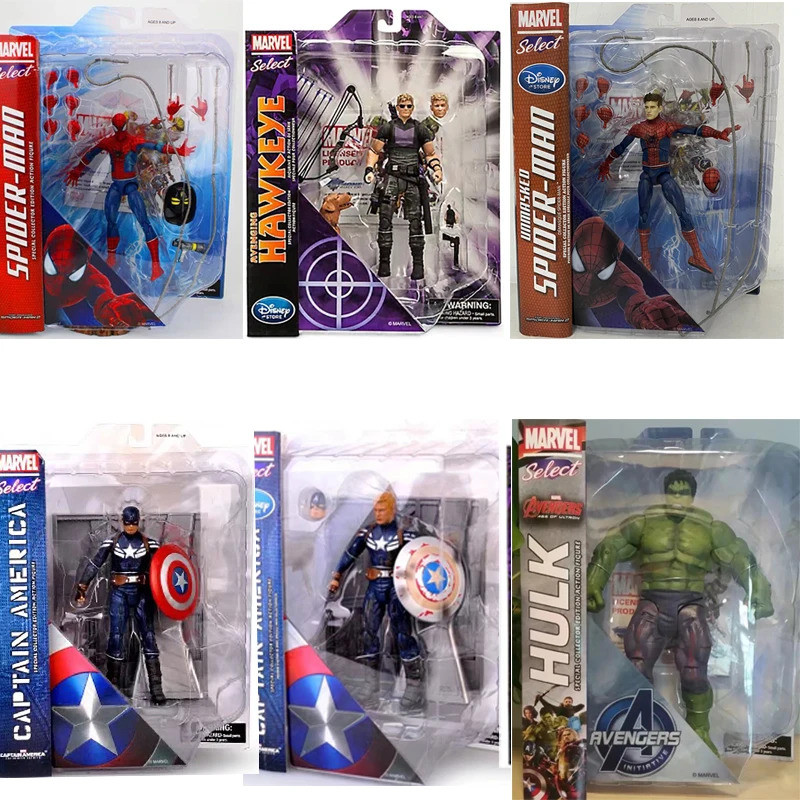 Marvel Select Avenger Spiderman Action Figure The Amazing Hulk กัปตันอเมริกา Spider Man Hawkeye ตัวเ