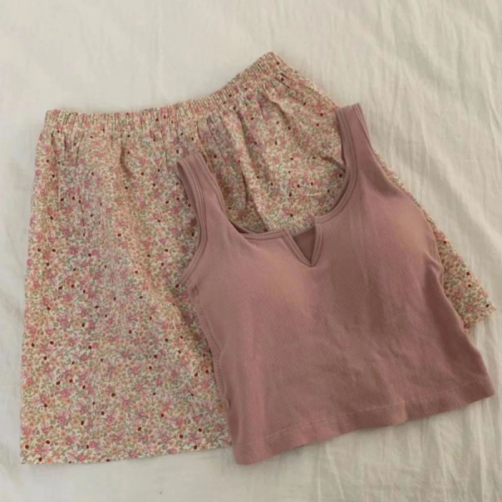 Wx เบาะชุดนอนสตรีเสื้อกั๊กฤดูร้อน 2025 ใหม่กางเกงขาสั้นดอกไม้ฤดูร้อนบางOuterwearชุด 2025 สีชมพูGTขนา