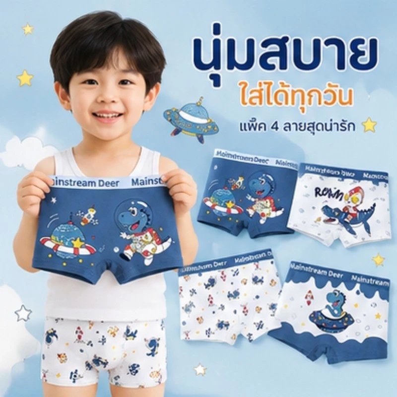 กางเกงในเด็กผู้ชาย 4 ตัว ลายไดโนเสาร์อวกาศ ผ้าฝ้ายแท้ นุ่ม ระบายอากาศดี ใส่สบาย ไม่อับชื้น อายุ 3-14 ปี