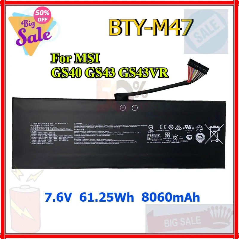 7.6V 8060mAh BTY-M47 แบตเตอรี่แล็ปท็อปสําหรับ MSI GS40 GS43 GS43VR 6RE GS40 6QE 2ICP5/73/95-2 MS-14A