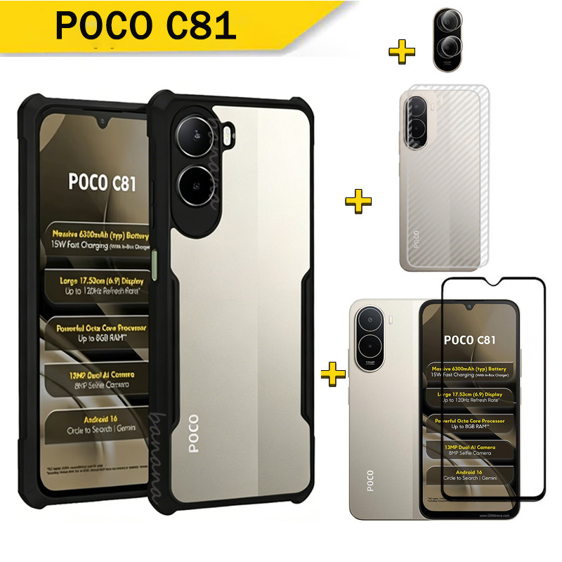 4 IN 1 Poco C81 Full Coverage กันกระแทกเคสโทรศัพท์สําหรับ Poco C81 Pro C81X C85X C71 กระจกนิรภัยป้อง