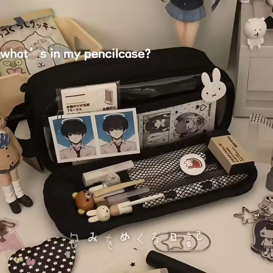 pencil case กล่องดินสอ InsสีดําPVC Multifunctionalดินสอขนาดใหญ่ความจุMujiสไตล์สีทึบเครื่องเขียนกระเป