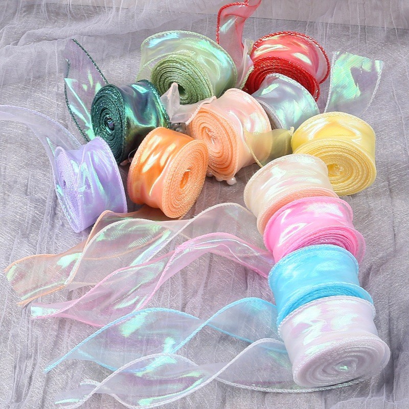 10 หลา/ม้วน Fishtail ริบบิ้น Iridescent Organza ซาตินสําหรับงานแต่งงานตกแต่งของขวัญบรรจุ DIY ช่อดอกไม้