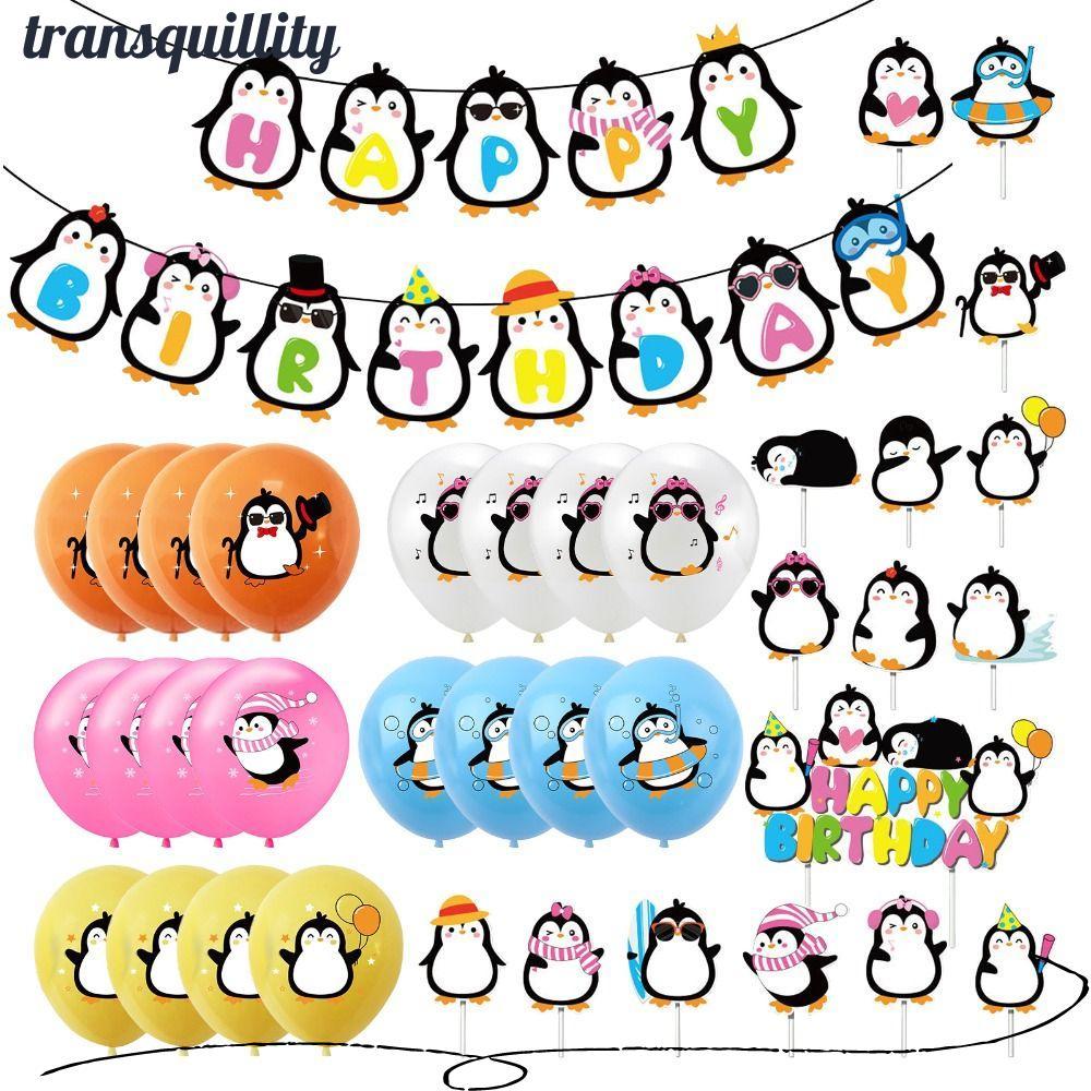 TRANSQUILLITY Happy Birthday Penguin Banner, สีขาวสีส้ม Penguin Birthday Party Supplies สีชมพูสีฟ้าสีเหลือง Penguin บอลลูน Boy