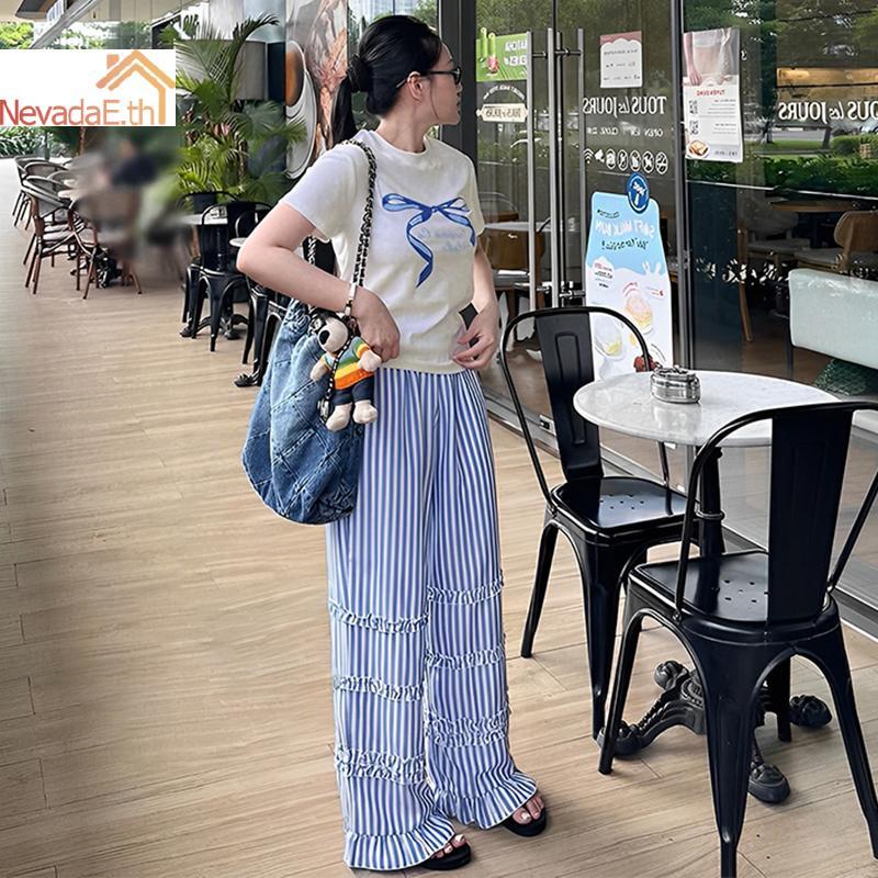 ND ชุดผู้หญิงฤดูร้อน Bowknot แขนสั้นเสื้อยืดและลายกางเกงขากว้าง Casual Street 2PCS ชุด A