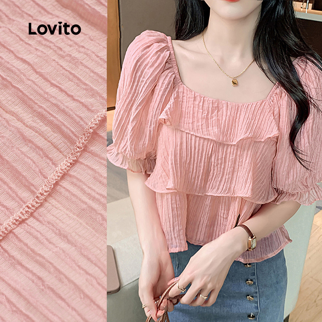 Lovito แคชชวล เสื้อ เสื้อผู้หญิง แบบสบาย ๆ ชั้นหลายชั้น ผ้าทอแจ็คการ์ด ริบบิ้นพริ้วไหว สำหรับผู้หญิง สีชมพู ซีซั่นฤดูใบไม้ผลิ/ฤดูร้อน L142ED090