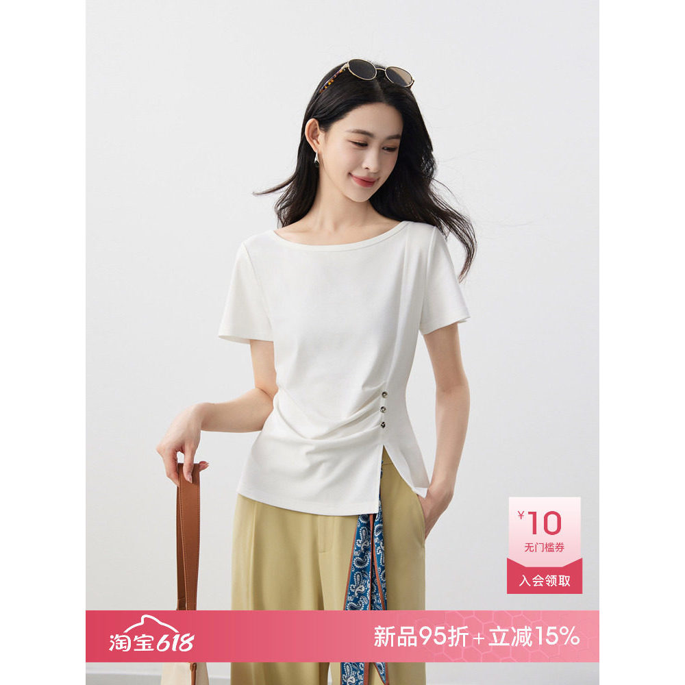 [Slim-fit] Minimalist Sculpture Feel แฟชั่นไม่สมมาตรนวดจีบเอว Fine Cotton เสื้อยืดแขนสั้นผู้หญิง 2