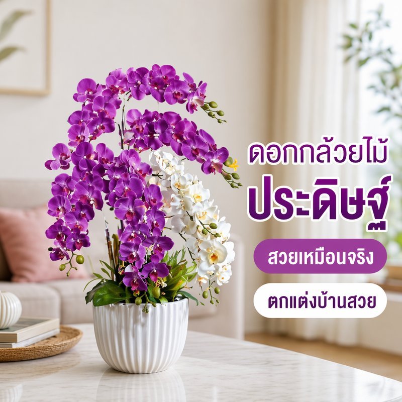 ดอกกล้วยไม้ประดิษฐ์ ผ้าไหม 9 ดอก สีขาว สีม่วง ดอกไม้ปลอม แต่งบ้าน แต่งงาน ใส่แจกัน