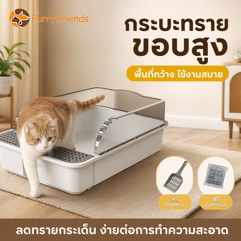 กระบะทรายแมว ขอบสูง ห้องน้ำแมว กันทรายกระเด็น พร้อมตะแกรงดักทราย วัสดุ PP ทำความสะอาดง่าย