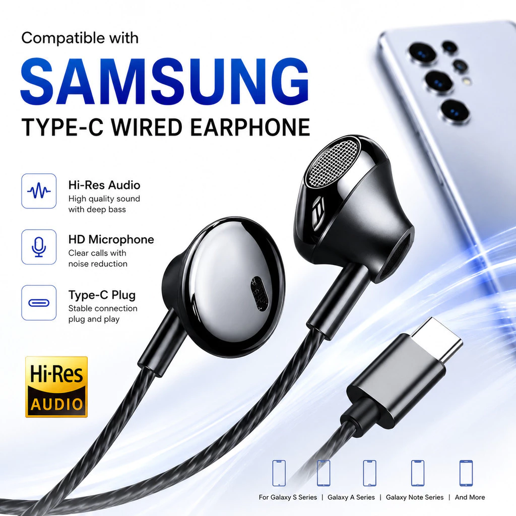 9D เหมาะสำหรับหูฟัง แบบมีสาย Samsung Galaxy S24 23 22 21 ที่มีอินเทอร์เฟซ Type-C, เสียงสเตอริโอ Hi-Fi, ควบคุมระดับเสียง