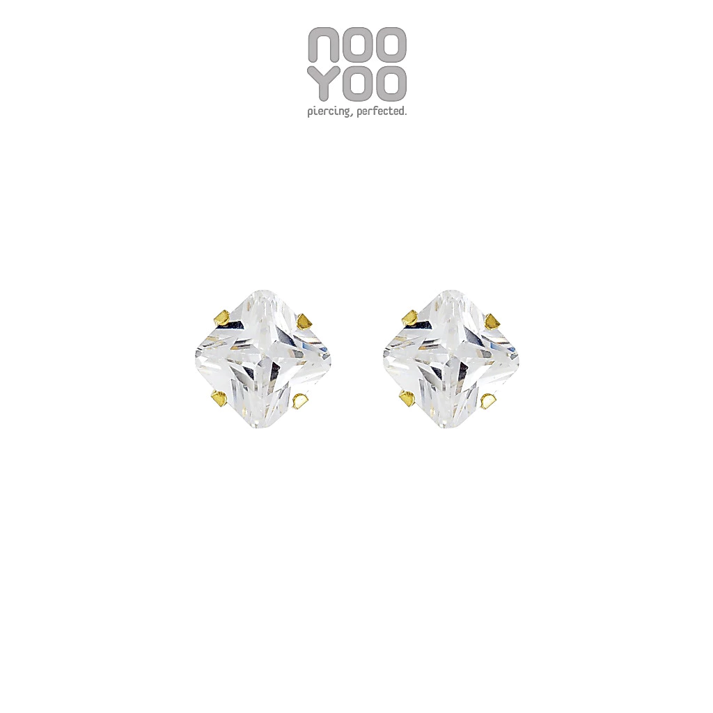NooYoo ต่างหูสำหรับผิวแพ้ง่าย Cubic Zirconia Princ. Cut Surgical Steel (ก้านขาว/ก้านทอง)