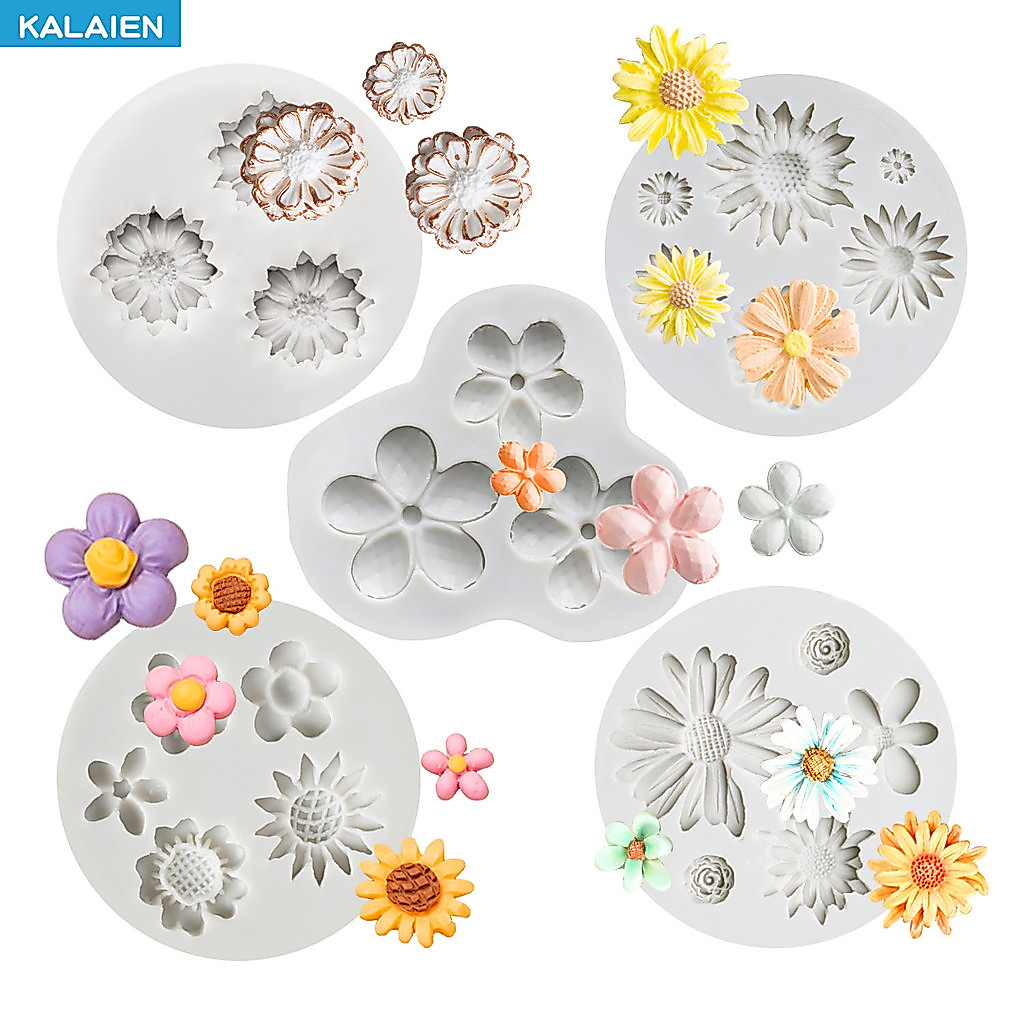 Kalaien 5รูปแบบดอกไม้ขนาดเล็กซิลิโคนแม่พิมพ์ F ondant, แม่พิมพ์ตกแต่งเค้ก, ดินหัตถกรรมดอกทานตะวัน3/5 /6หลุมดอกไม้ F ondant เครื่องมือง่ายที่วางจำหน่ายซิลิโคนแม่พิมพ์