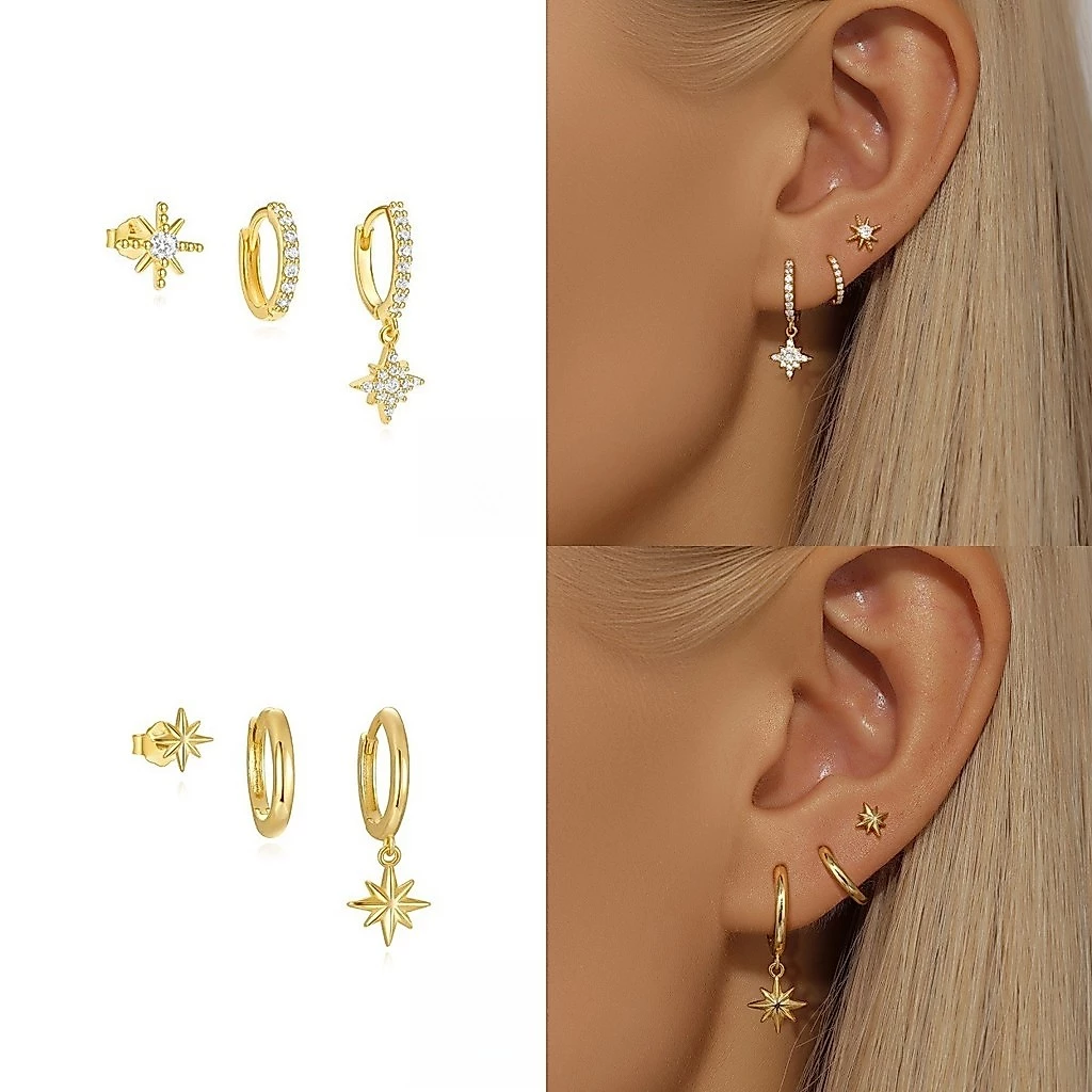 3 ชิ้นZircon Star Moon Hoopต่างหูผู้หญิง 18K Gold Plated Dangleต่างหู Hypoallergenicเครื่องประดับ