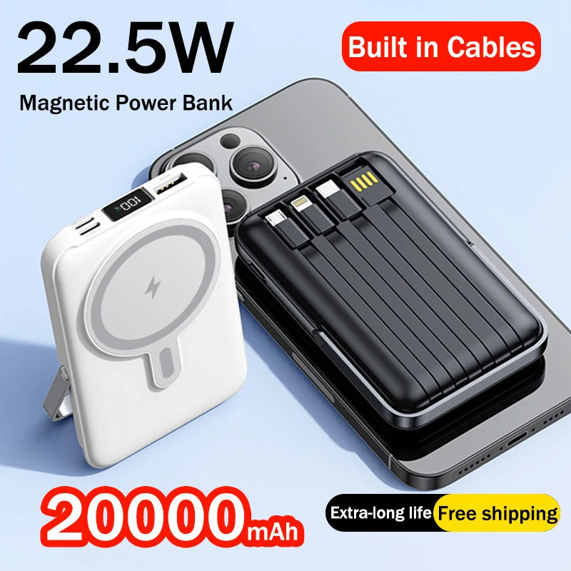 ใหม่ ใหม่ 200000MAh Magnetic Wireless Power Bank พร้อมที่วางโทรศัพท์ Portable Charger Fast Charging 