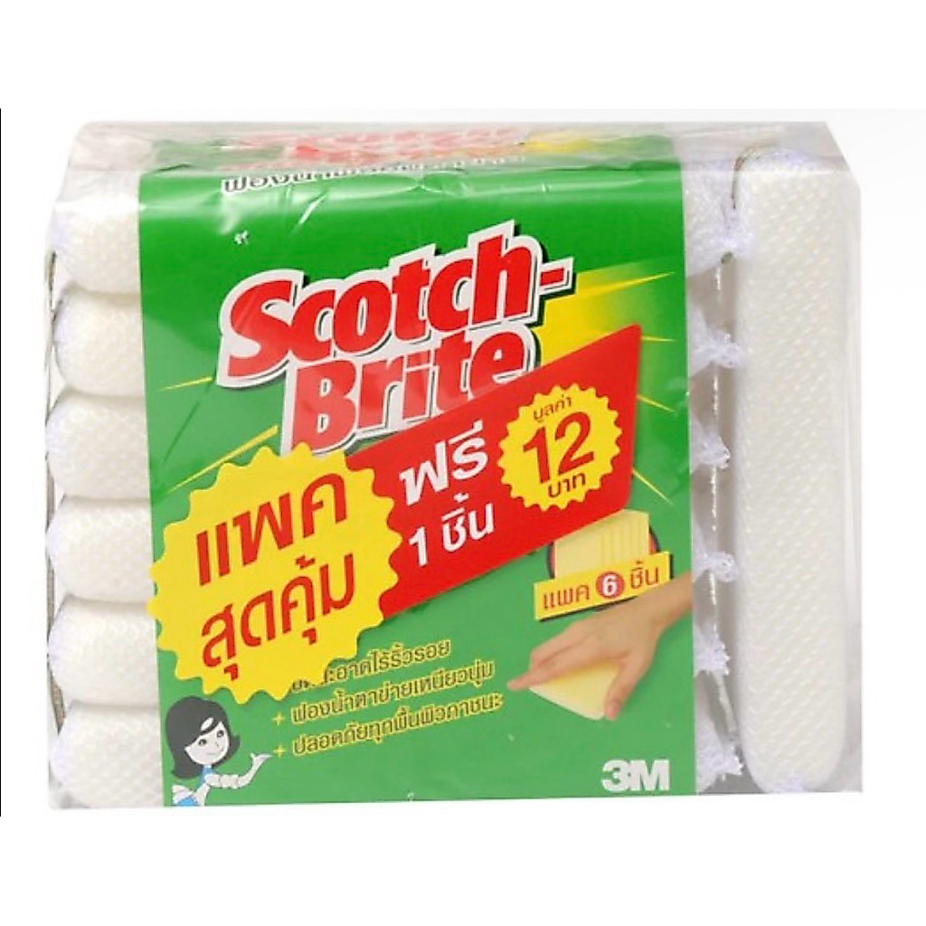 3M Scotch-Brite สก๊อตซ์-ไบรต์ ฟองน้ำพร้อมตาข่าย ฟองน้ำตาข่าย แพ็ค 6+1 ชิ้น