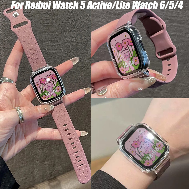 โปร่งใส Hollow Case + สายซิลิโคนสําหรับ Redmi Watch 5 Active/Lite Clear Cover Shell สําหรับ Redmi Watch 6/5/4 เสือดาวพิมพ์สร้อยข้อมือกีฬา