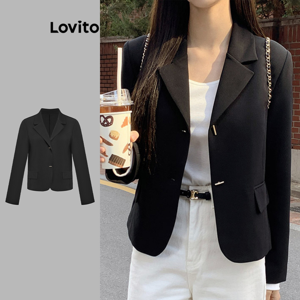 Lovito เสื้อเบลเซอร์ผู้หญิง แต่งโลหะ สีพื้น สไตล์ลำลอง เกาหลี อินเทรนด์ LAD106019