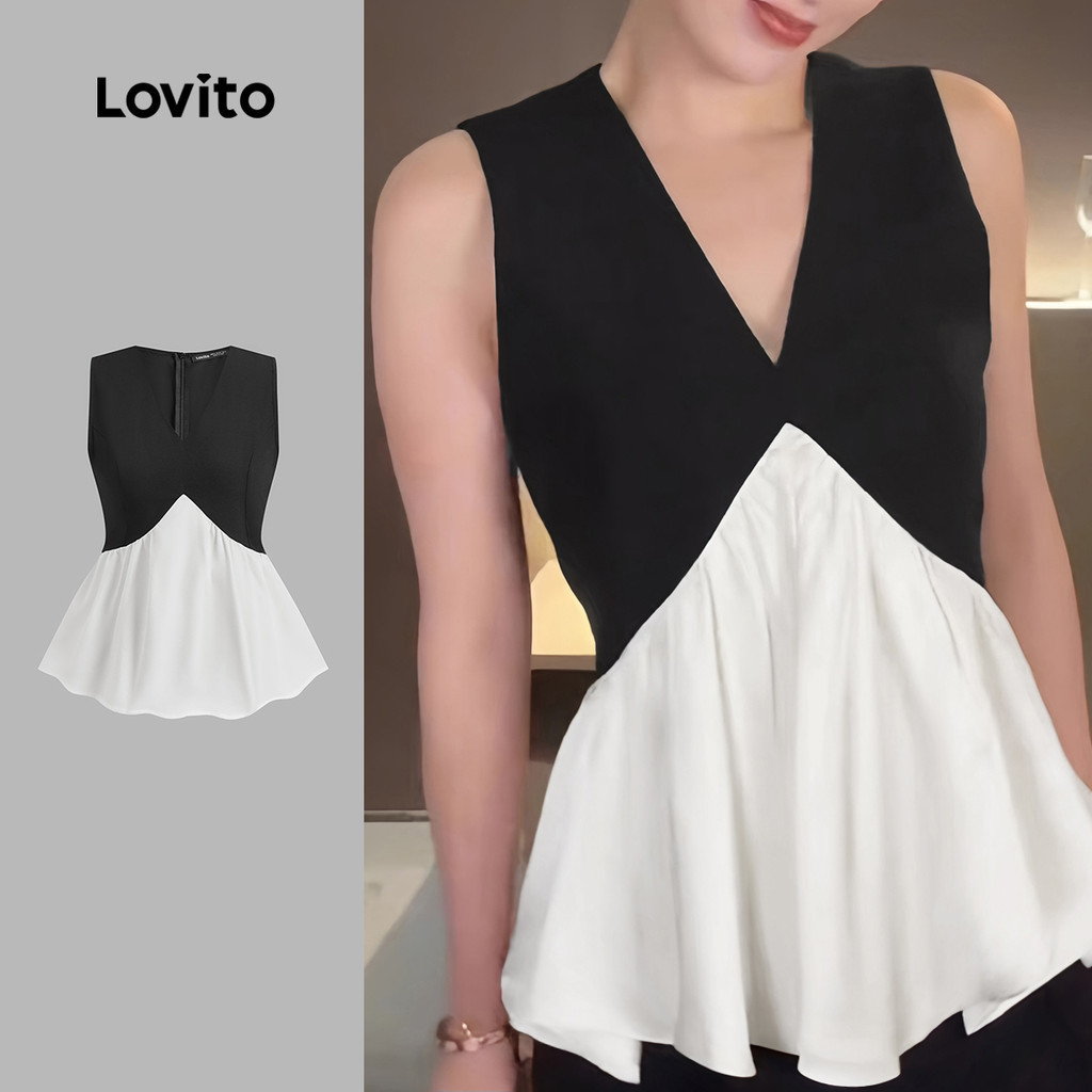 Lovito เสื้อกล้ามชายระบายสีพื้นเรียบหรูสำหรับผู้หญิง L129ED252