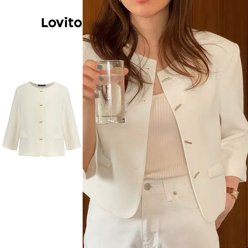 Lovito สง่างาม เสื้อเบลเซอร์ทรงเรียบติดกระดุมฤดูร้อน/ฤดูใบไม้ผลิสำหรับผู้หญิง เกาหลี อินเทรนด์ L102AD502