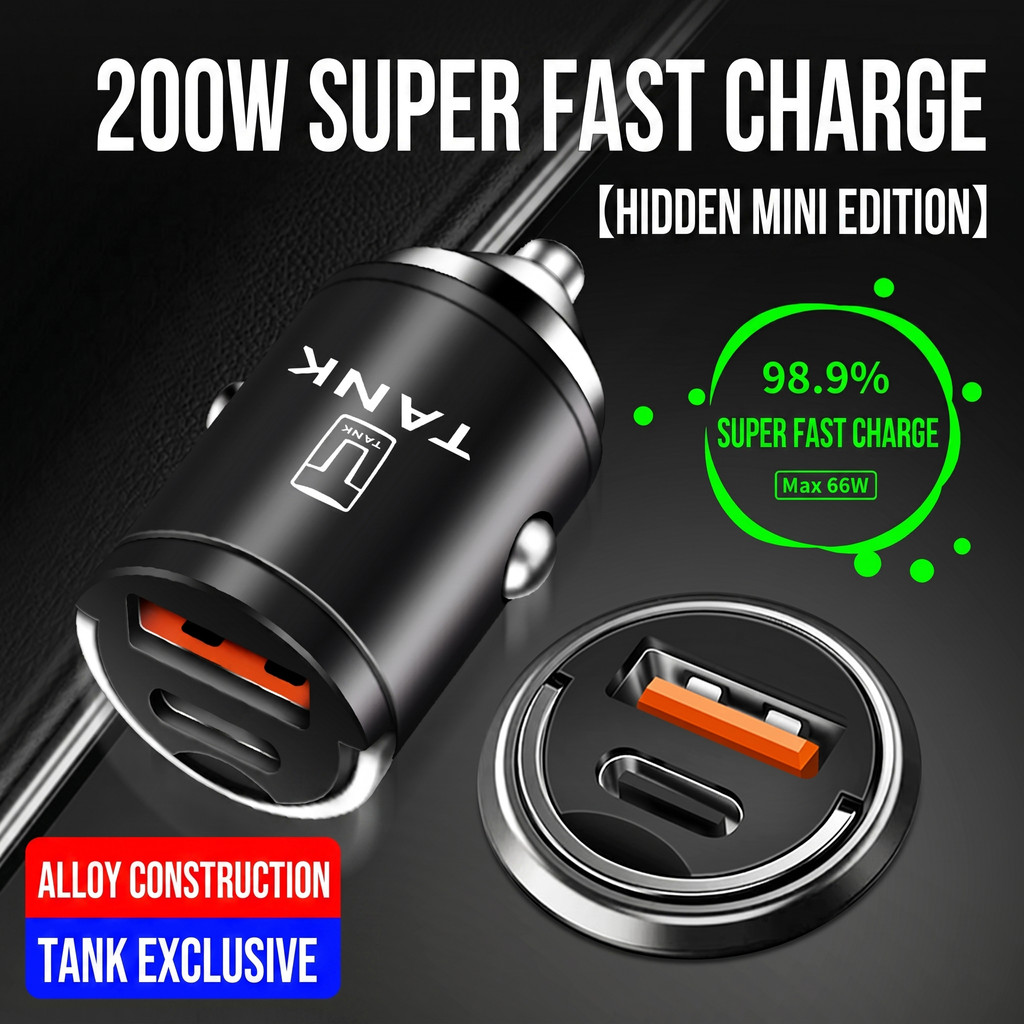 200W Hidden Mini Car Charger โลหะผสมโลหะ USB Type C Fast Charging รถบุหรี่ไฟแช็กอะแดปเตอร์ PD QC Sup