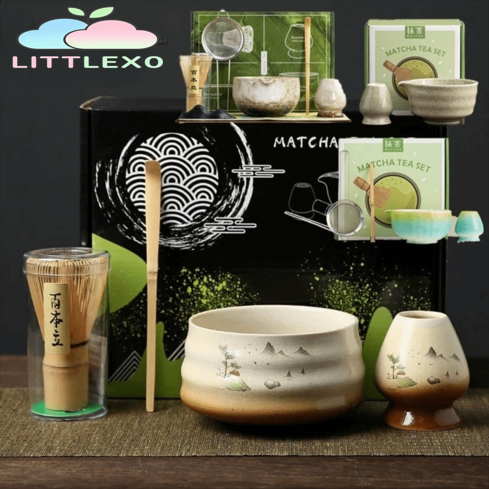 LITTLEX ชุดน้ําชามัทฉะญี่ปุ่น, ชา Sticks ช้อนมัทฉะ, แปรงมัทฉะ, ไม้ไผ่แบบใช้ซ้ําได้เซรามิค Match Bowl Tea-Making เครื่องมือชาเขียว Whisk สําหรับคนรักชา