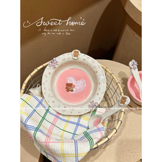 จานขนม จานเซรามิค insลายหมีดอกไม้🌸น่ารัก พร้อมส่ง