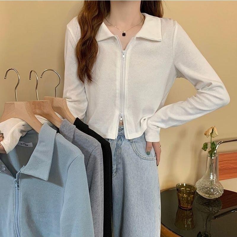 เสื้อเชิ้ตแขนยาวผู้หญิงญี่ปุ่น ดีไซน์ใหม่สุดฮอต ซิปคู่ อ่อนเยาว์ สวย เสื้อต่างประเทศ ทรงสลิมฟิต