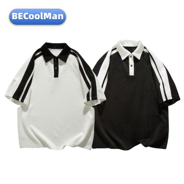 BECoolMan-เสื้อโปโลลายทาง  เรียบง่าย  oversize  ยอดนิยม  กีฬาลำลอง