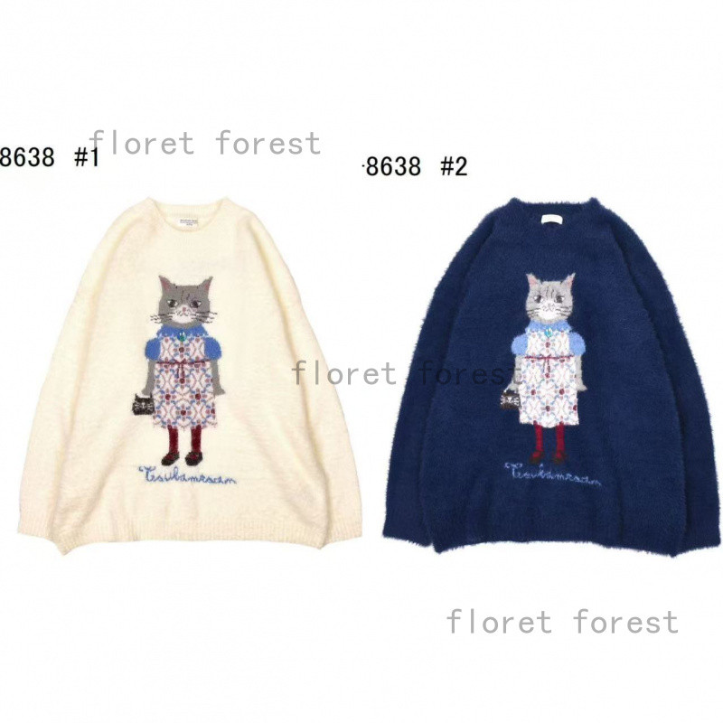 【แบรนด์ญี่ปุ่น】Kusuguru เสื้อสเวตเตอร์ลายแมวเจ๊คเกอร์ คอกกลม สวมหัว สดใส และสบายสุขสำหรับสไตล์การใช้งานประจำวัน