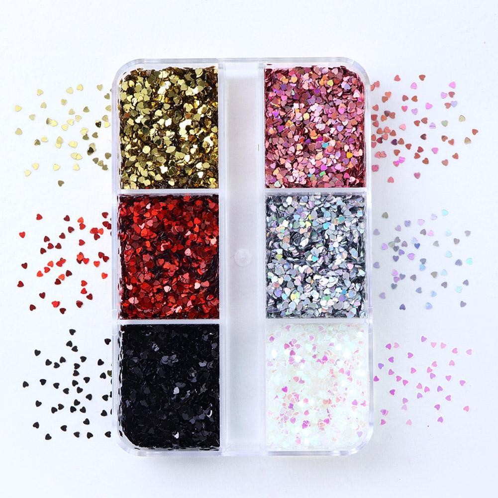 Holographic Love Heart Nail Art Glitter Sequins วันวาเลนไทน์เล็บตกแต่งรูปร่าง P3u3