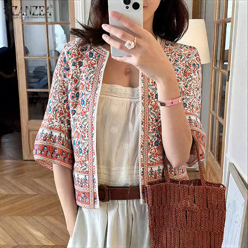 Zanzea Celmia คาร์ดิแกนแขน 3/4 สไตล์เกาหลีวินเทจ พิมพ์ลายสำหรับผู้หญิง — صورة 6