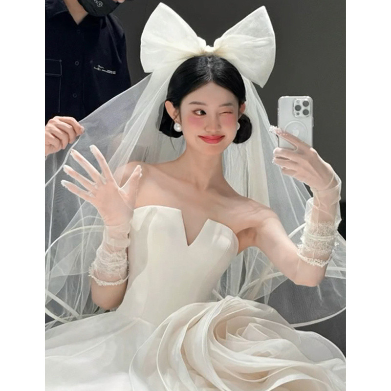 ราคาต่ํา Spike เจ้าสาว Bow Veil High-End Sense เกาหลีงานแต่งงาน Photo Studio จัดแต่งทรงผม Super Fair