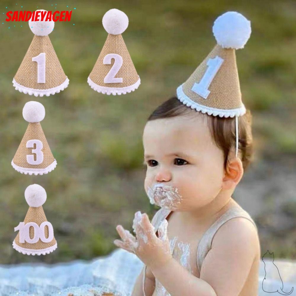 SANDIEYEAN 2 ชิ้น Burlap หมวก, เชือกยืดหยุ่น 1st 2th 3th ปีหมวกอาบน้ําเด็ก, Universal สีกากี Felt Pa