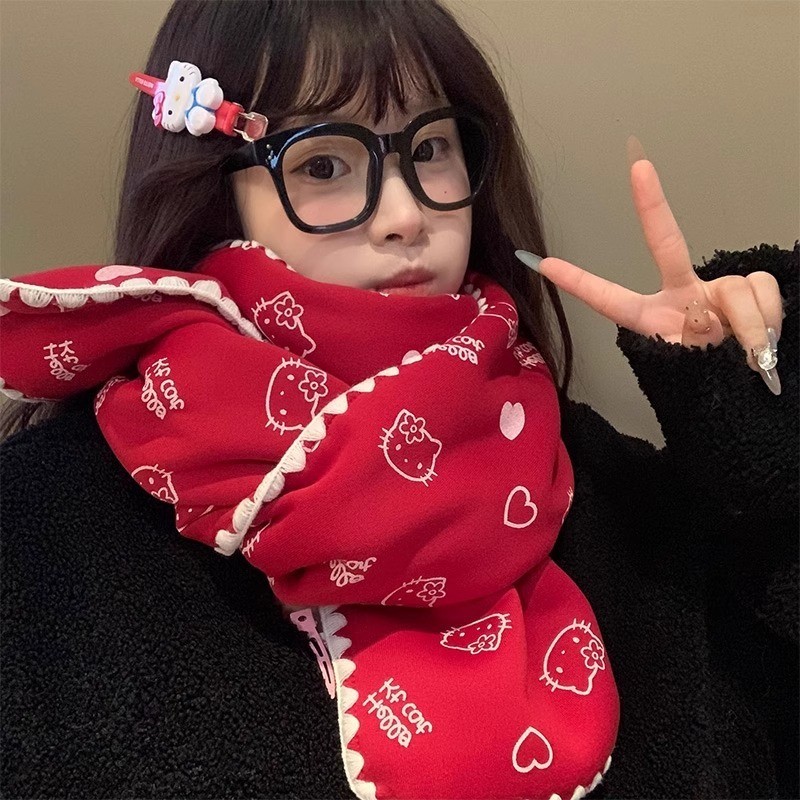 เวอร์ชั่นเกาหลีน่ารัก kt Cat Love ผ้าพันคอสีแดงหญิงฤดูใบไม้ร่วงฤดูหนาว 2024 All-Match Warm คอ Protec