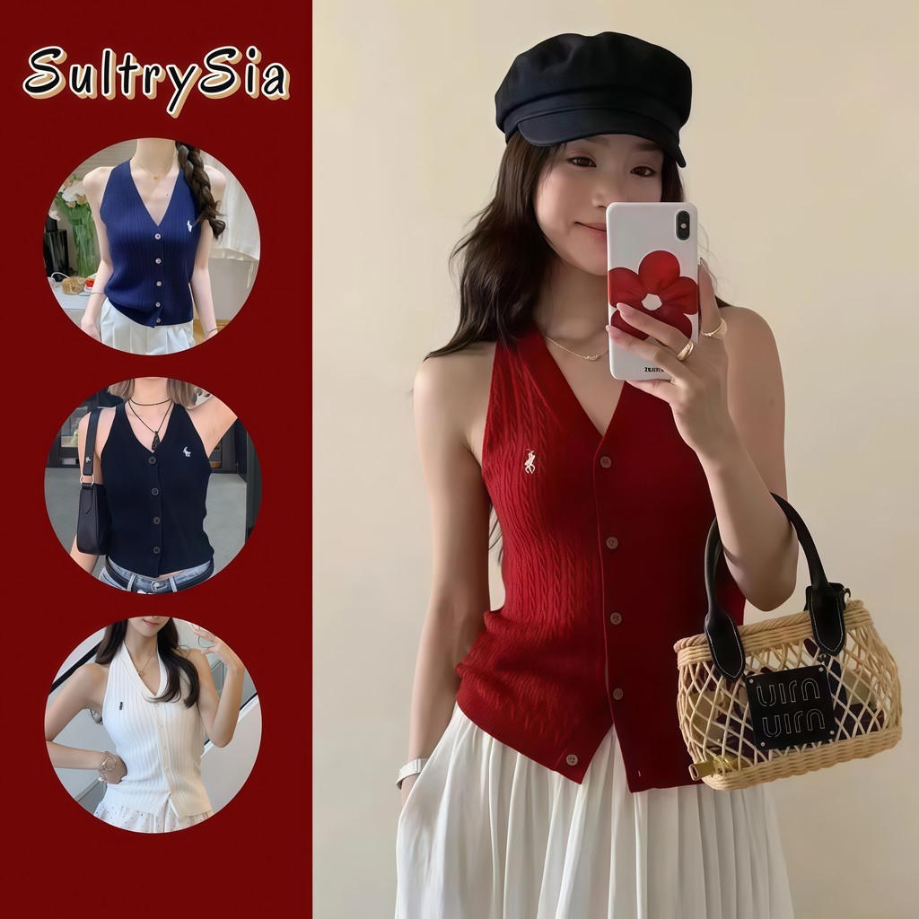SultrySia เสื้อยืด ไหมพรม เสื้อกล้ามไหมพรม คาวาอี้ แขนกุดกระดุมด้านหน้า สีสดใส ยืดพอดี "Z-860"