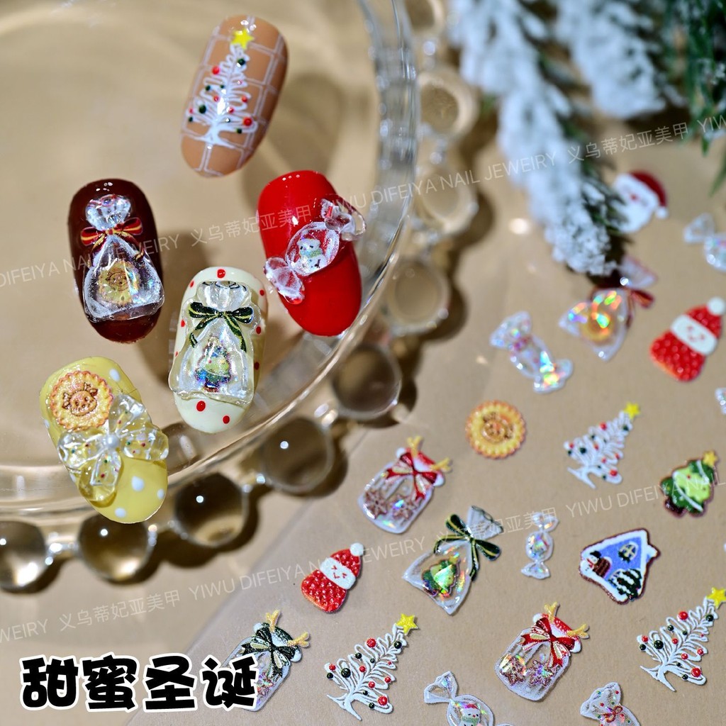 ใหม่คริสต์มาสนูนสติกเกอร์แต่งเล็บเปลือกแสงต้นคริสต์มาสลูกอมของขวัญมนุษย์หิมะโบว์เล็บสติ๊กเกอร์เครื่องประดับ