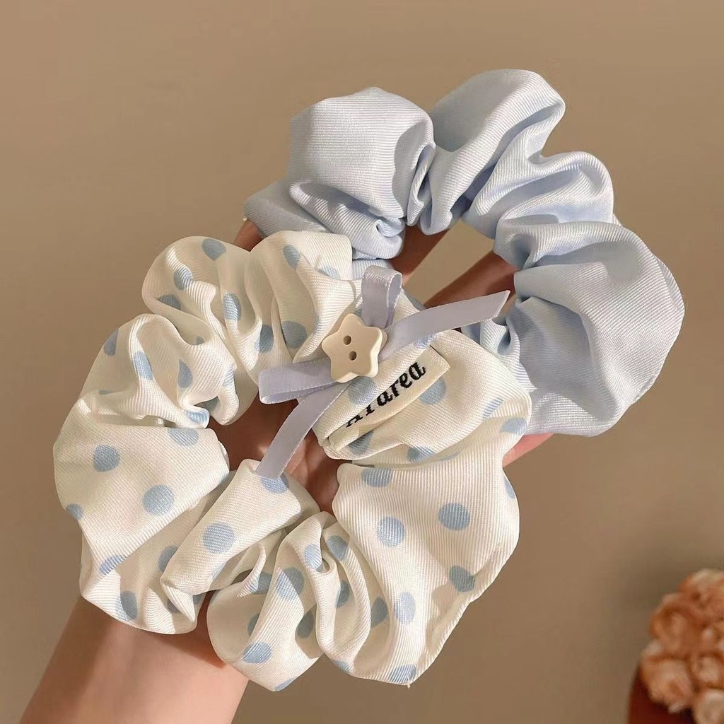 สไตล์เกาหลีสีฟ้า Polka Dot Scrunchy ผม Tie หญิง High-End ขี้เกียจสไตล์ Tie ผมต่ําหางม้าอุปกรณ์เสริมผ