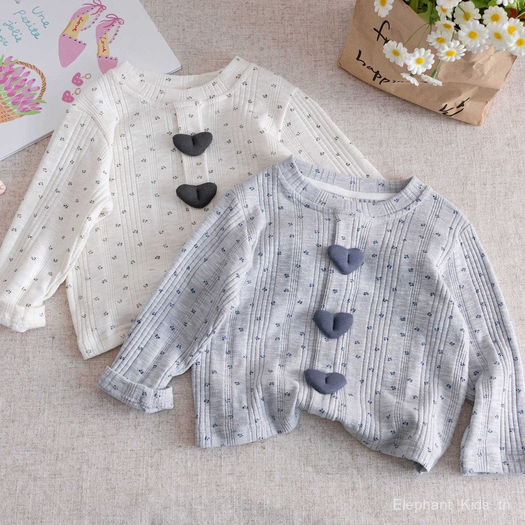 Elephant kids-แขนยาวสไตล์เกาหลี 2025 เสื้อยืดลายจุดรักด้านบนสไตล์ใหม่เด็กสาวฤดูใบไม้ร่วง