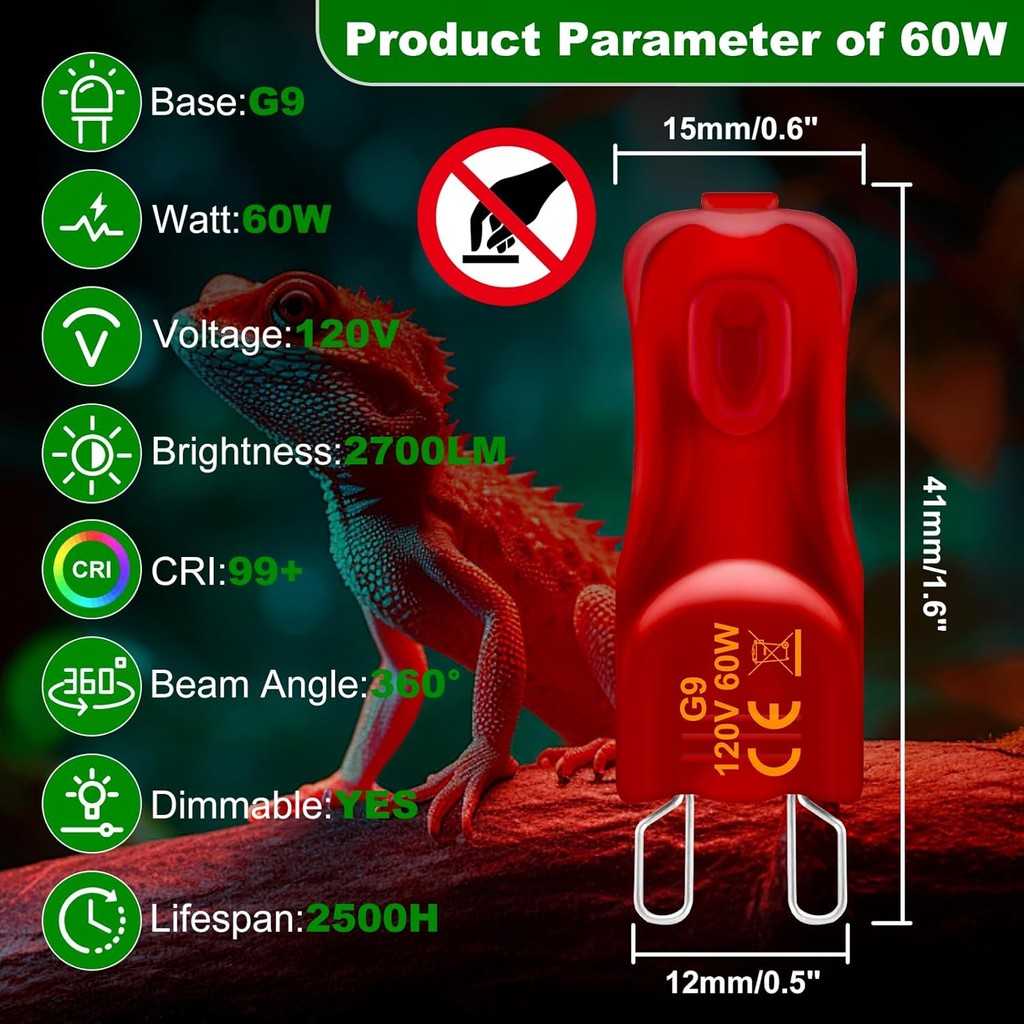 สัตว์เลื้อยคลานหลอดไฟความร้อน 60W 120V, 2 ชิ้น UVA UVB G9 อินฟราเรด Night หลอดไฟความร้อนสําหรับเต่า,